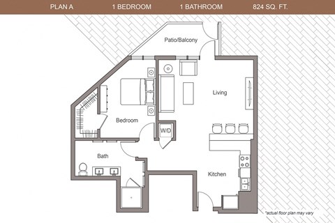 Floor plan for 1 bed, 1 bath, 714 sqft